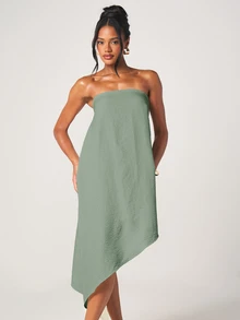 MISSGUIDED Đầm ngắn không dây vai, dáng bất đối xứng, xếp nếp với vạt trước ngắn vạt sau dài, kiểu dáng thướt tha, thích hợp cho các buổi tiệc mùa hè. - màu xanh lá - Xem 3