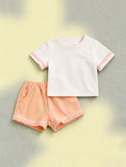 SUMWON Girls Crew Neck Short Sleeve T-Shirt And Shorts Co-Ord Set With Heart Tape Detail Summer Holiday Two-Piece Outfit