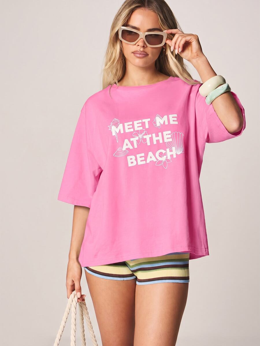 MISSGUIDED Áo thun ngắn tay cổ tròn dáng rộng in hình "Meet Me At The Beach" - Áo thun mùa hè thường ngày. - Hồng - Xem 1