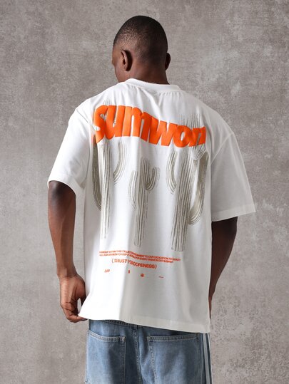 SUMWON Camiseta de verano de cuello redondo de manga corta con estampado de cactus y desierto en la espalda, talla grande y holgada