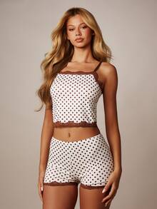 MISSGUIDED Polka Dot Lace Trim Crop Cami Sleep Top Spaghetti Strap Loungewear Pajama Camisole - Coffee Brown - View 3