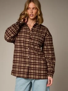 AiiRZ Oversized Retro 70s 2000s Plaid Flannel Button-Down Shirt With Long Sleeves And Classic Point Collar For Summer Back-To-School Everyday Brown Plaid - Multicolor - View 4