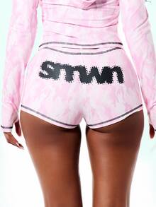 SUMWON WOMEN Camo Print Booty Shorts With Contrast Topstitch Detail And Back Logo Graphic For Summer - Pink - View 5