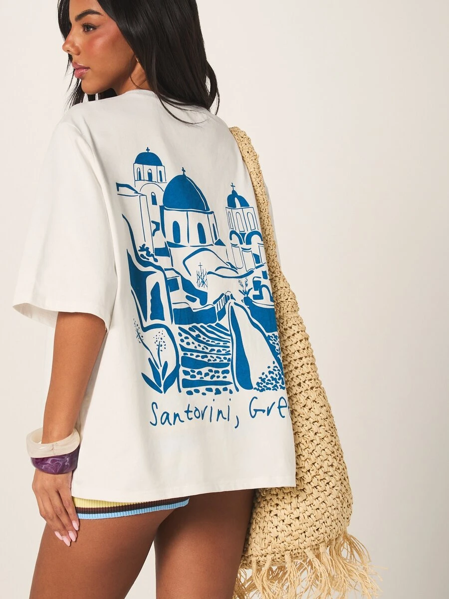 MISSGUIDED Oversized Graphic Tee With Santorini Greece Back Print, Crew Neck, Short Sleeve Summer Travel Top - Blue and White - View 1