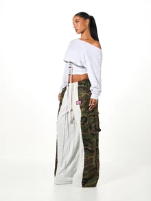 SUMWON Plus Size Off-Shoulder Lace-Up Corset Crop Sweatshirt Long Sleeve Casual Grunge Summer Top Club Light Green - White - View 3