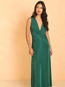 KSTM Đầm maxi nhung không tay cổ chữ V sâu, thiết kế xoắn phía trước, thích hợp cho tiệc tối và kỳ nghỉ. - Màu xanh lá cây đậm - Xem 4