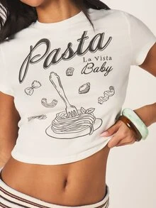 MISSGUIDED Áo croptop ngắn tay cổ tròn in hình Pasta La Vista Baby, kiểu dáng vui nhộn, độc đáo cho mùa hè. - trắng - Xem 5