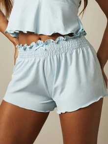 MISSGUIDED Quần ngủ ngắn cạp chun xếp ly với viền bèo nhún và chi tiết nơ, thích hợp cho đồ ngủ thoải mái. - Màu xanh lam - Xem 2