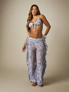 MISSGUIDED Sheer Paisley Print Wide Leg Beach Pants With Ruffle Detail And Tie Waist Cover-Up - Multicolor - View 4