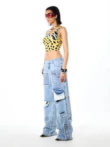SUMWON WOMEN Áo croptop lệch vai khoét dây họa tiết da báo, áo không tay dự tiệc mùa hè. - Màu vàng - Xem 4