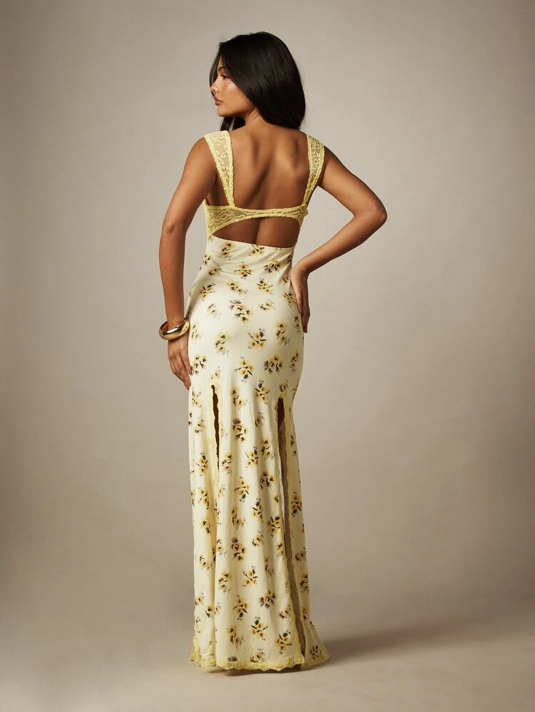 MISSGUIDED Floral Maxi Dress With Lace Detail And Side Splits