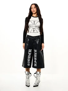 SUMWON Atasan Crop Lengan Panjang Raglan Bergambar untuk Wanita Ukuran Plus di Kota New York dengan Motif Salib Besi dan Lengan Kontras, Cocok untuk Musim Gugur. - Hitam dan Putih - View 3