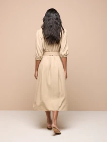 KSTM Vestido midi con botones, mangas abullonadas, detalles de trenzado y cinturón a juego en la cintura, estilo de verano - Caqui - Ver 2