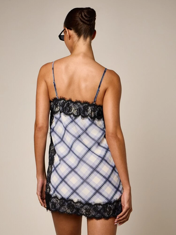 Women's Mini Dress With Lace Trim And Check Print