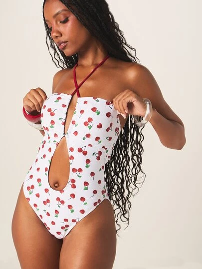 MISSGUIDED 樱桃印花露背连体泳衣，镂空设计，高开衩腿部，适合海滩夏季穿着