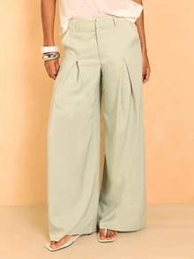 KSTM Wide Leg Pleated Trouser High Waist Flowy Palazzo Pants Spring Summer Office Brunch Business Wear Sage Green Casual Elegant - Green - View 4
