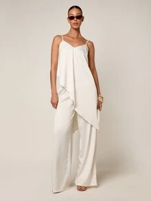 AiiRZ Satin Asymmetric Draped Cami Top And Wide Leg Trouser Co-Ord Set For Summer Occasions - Beige - View 4