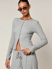 AiiRZ Ribbed Knit Lounge Basic Casual Two-Piece Set With Cropped Button-Up Top And Wide-Leg Drawstring Pants Everyday Travel Light Grey Summer - Grey - View 3