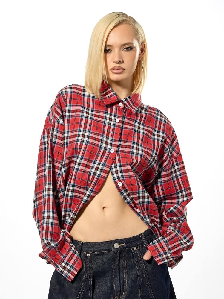 Plus Size Oversized Plaid Flannel Shirt With Back Graphic Print Long Sleeve Button Down Crop Top