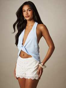 MISSGUIDED Halterneck Crop Top With Deep V Neckline, Center Front Knot Detail And Open Back - Baby Blue - View 1