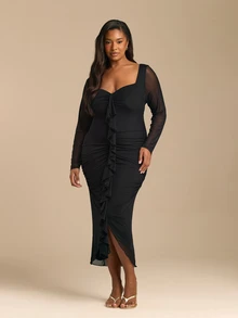 FASHION SZN فستان ميدي بمقاس كبير مع كشكشة أمامية وأكمام طويلة، فستان مناسب للمناسبات الخاصة والزفاف والضيوف والفعاليات الرسمية والحفلات الراقصة والتخرج ويوم السباق، فستان أسود صغير أحادي اللون لحفلات أعياد الميلاد والمناسبات - الأسود - مشاهدة 4