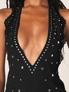 MISSGUIDED Chiffon Halter Mini Dress With Rhinestone Hotfix Details And Lace Trim Edges Deep V-Neck Backless Party Club - Black - View 2