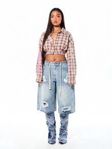 SUMWON WOMEN Oversized Cropped Plaid Flannel Shirt With Rhinestone Star Detail Long Sleeve Button Down Cinched Hem Top - Red - View 5