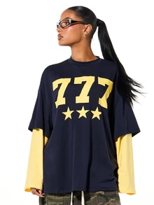 SUMWON Plus Size Oversized 777 Star Graphic Print Crew Neck Drop Shoulder Long Sleeve Layer Look Top - Royal Blue - View 1