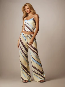 MISSGUIDED Quần ống rộng kẻ sọc chéo, cạp chun có dây rút, thích hợp cho kỳ nghỉ hè, nghỉ dưỡng. - Nhiều màu - Xem 2