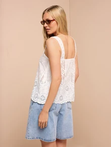 KSTM Floral Lace Embroidered Cami Top With Square Neck Scallop Hem And Sheer Panels Summer Boho Style - White - View 2