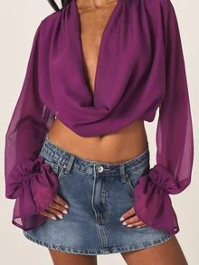 MISSGUIDED Áo croptop bằng vải chiffon mỏng nhẹ, cổ chữ V khoét sâu, tay dài phồng, thích hợp cho buổi tối đi chơi và các sự kiện mùa hè. - Màu tím - Xem 4