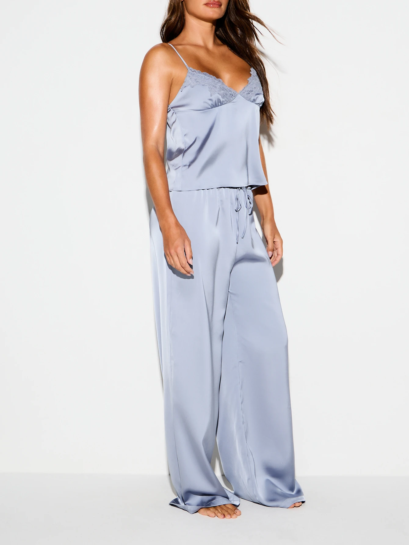 KIZN Lace Trim Satin Cami And Wide Leg Trouser Pyjamas