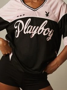 Missguided x Playboy Logo Oversized Football Jersey V-Neck Contrast Panel Color Block Short Sleeve Top, World Cup 2026 Sporty Game Streetwear Jersey Summer - Multicolor - View 4