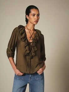 KSTM Ruffle Blouse With Deep V Neckline Lace-Up Tie Front And Three-Quarter Puff Sleeves Boho Style - Army Green - View 5