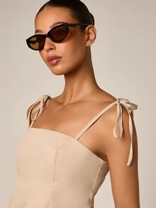 AiiRZ Áo hai dây peplum cổ vuông, dây buộc vai, vạt xòe đứng dáng, thích hợp mặc mùa hè. - Màu Khaki - Xem 4