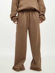 SUMWON Plus Size Wide Leg Sweatpants With Button Side Stripe Detail And Drawstring Elastic Waist Casual Joggers Winter - Brown - View 7