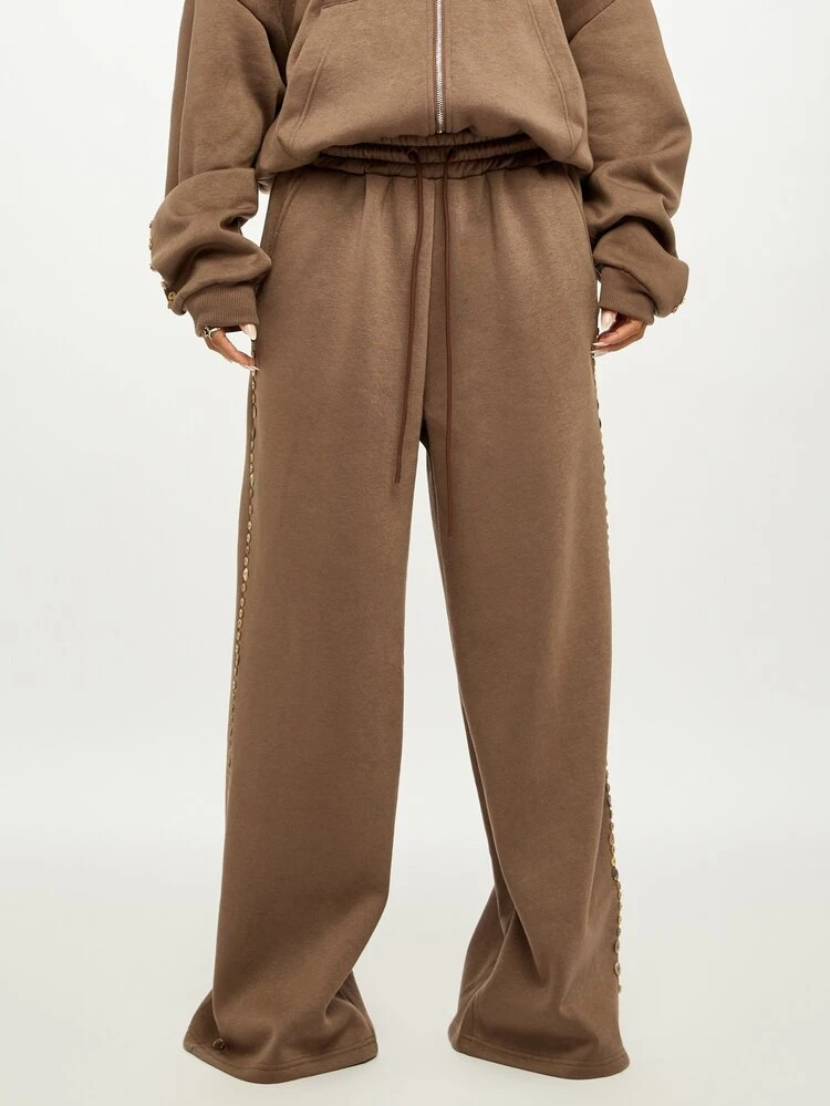 Plus Size Wide Leg Sweatpants With Button Side Stripe Detail And Drawstring Elastic Waist Casual Joggers