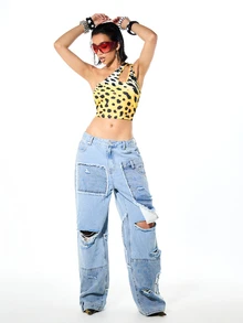 SUMWON WOMEN Áo croptop lệch vai khoét dây họa tiết da báo, áo không tay dự tiệc mùa hè. - Màu vàng - Xem 6