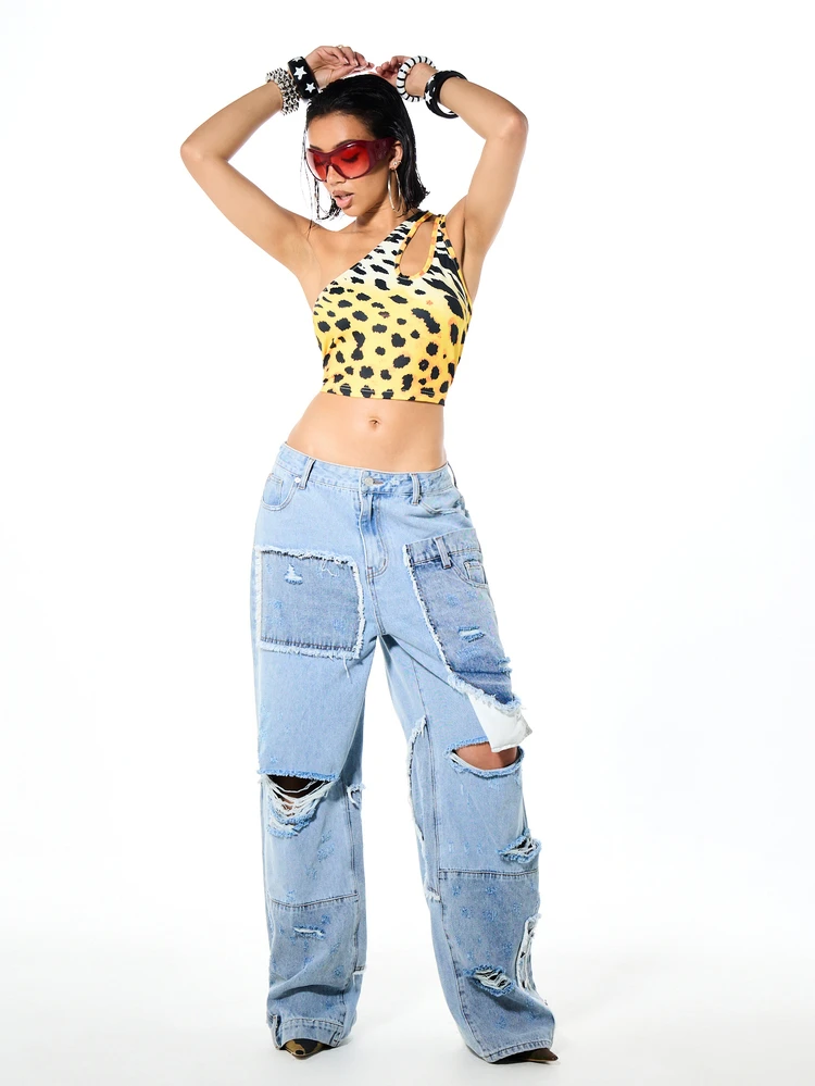 SUMWON WOMEN Animal Print One-Shoulder Cut-Out Strap Crop Top, Festival Summer Party Sleeveless Top