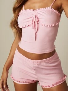 MISSGUIDED 罗纹荷叶边吊带背心和短裤睡衣套装，正面系带设计，肩带可调节 - 粉色 - 查看 5