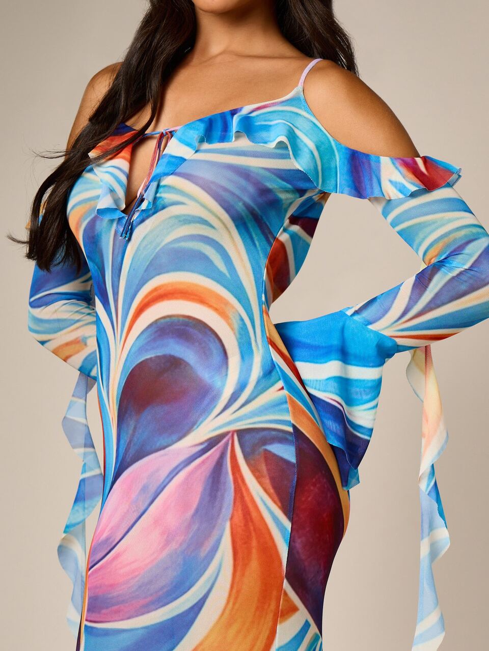swirl mesh dress Ruched Long Sleeve Mesh Deep V-Neck, Skylar Swirl Mini Dress in Blue, Size XS,
