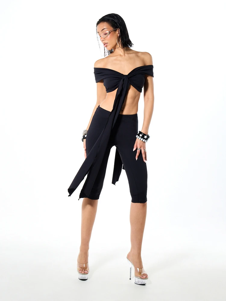 SUMWON WOMEN Slinky Knot Tie Off-Shoulder Bralette Top And Capri Legging Co-Ord, Backless Cut-Out Festival Two-Piece Outfit
