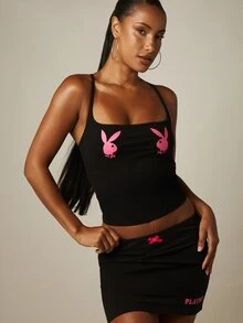 Missguided x Playboy Áo croptop cổ vuông hai dây Bunnyhead Cami với họa tiết logo đặc trưng. - màu đen - Xem 5
