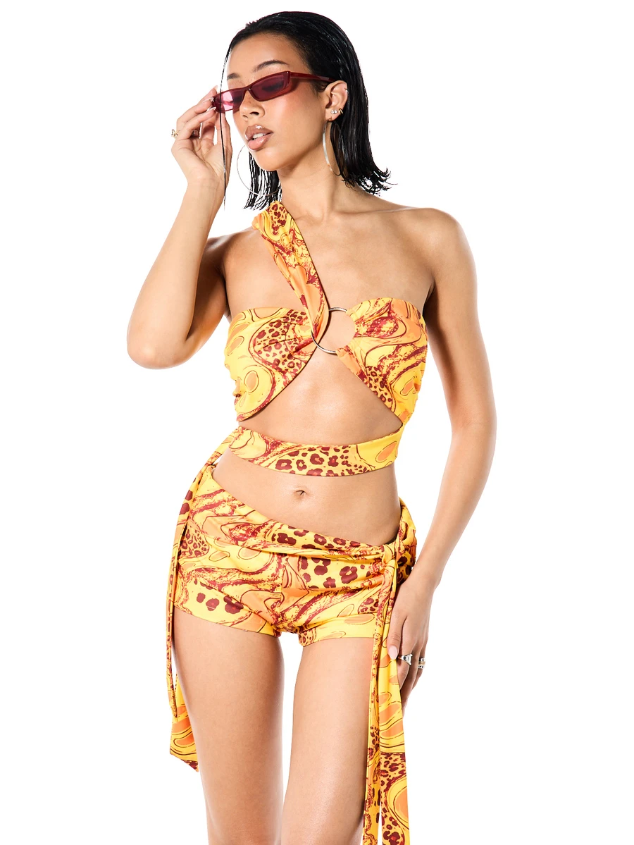 SUMWON WOMEN One Shoulder Cut Out Wrap Crop Top With Ring Detail And Mixed Animal Swirl Print For Summer Beach Festival - Multicolor - View 1