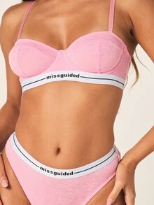 MISSGUIDED Textured Mesh Balconette Bralette And High Cut Thong Lingerie Set With Logo Waistband - Pink - View 5
