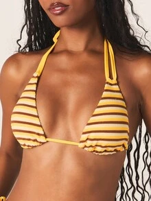 MISSGUIDED Striped Triangle Halter Bikini Set With Side-Tie Bottoms And Ruffle Edge Detail For Beach - Multicolor - View 5