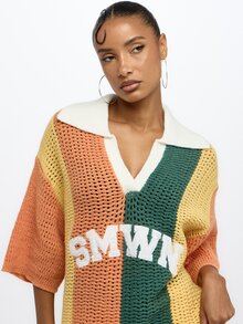 SUMWON Plus Size Oversized Crochet Knit Polo Top Color Block Varsity Logo Stripe Short Sleeve Summer Beach Cover Up - Multicolor - View 7