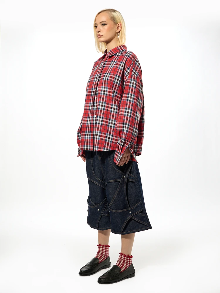 Plus Size Oversized Plaid Flannel Shirt With Back Graphic Print Long Sleeve Button Down Crop Top