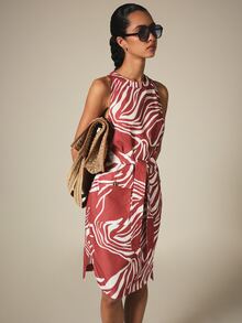 KSTM Zebra Print Sleeveless Midi Dress With Round Neck, Tie Waist Belt And Cargo Pockets, Summer Holiday - Multicolor - View 4