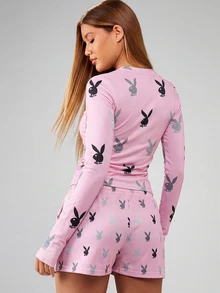 Missguided x Playboy Bunny Logo All Over Print Jogger Shorts With Elastic Drawstring Waist And Side Pockets - Pink - View 2